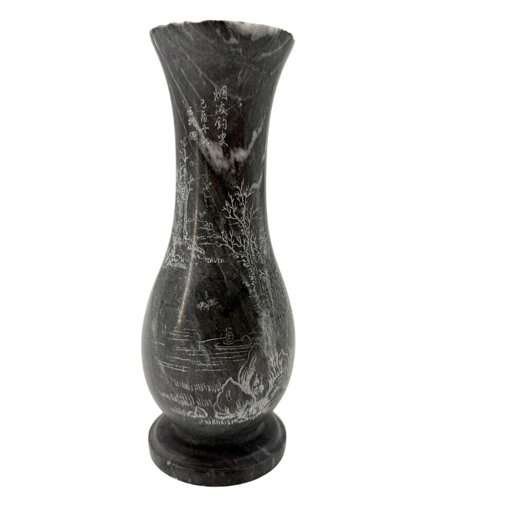 vintage gray Marble Stone Flower Vase etched Asian landscape design
